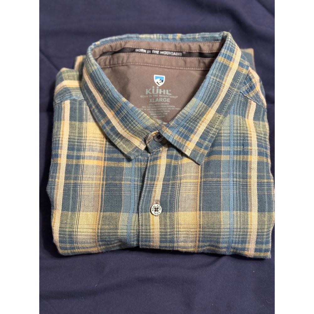 Kuhl Skorpio Mens XL Blue Yellow Plaid Linen Cotton Button Down Shirt 7218